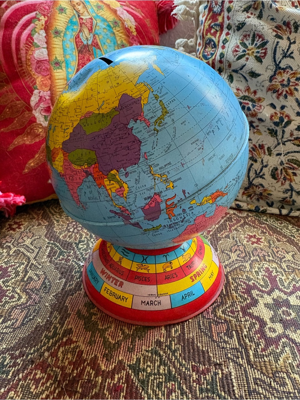Vintage Blue World Globe Coin Bank with Colorful Zodiac Base Travel Adventure